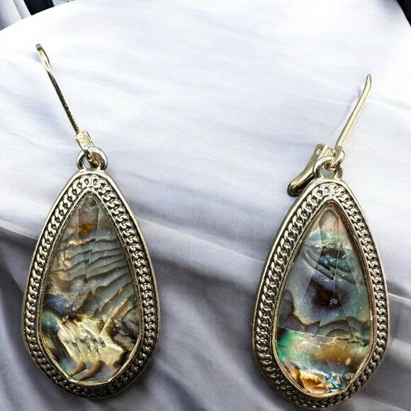 NAPIER Dangling Gold Tone Faux Abalone Leverback Earrings Teardrop Iridescent - Picture 2 of 9